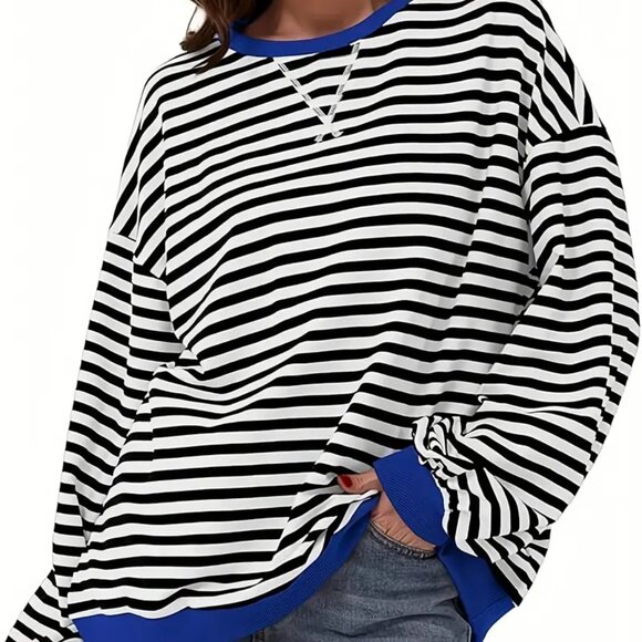 Black & Blue Contrast Striped Crewneck Top Sweater - Picture 1 of 3